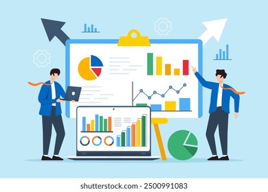 Flat illustration of two men solving problems with analytical methods and solution strategies on whiteboard