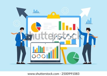Flat illustration of two men solving problems with analytical methods and solution strategies on whiteboard