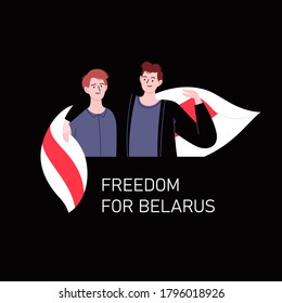 Flat illustration of two men standing together hugging covered with a flag of Belarus Republic. White and red flag. Lettering Freedom For Belarus under the illustration