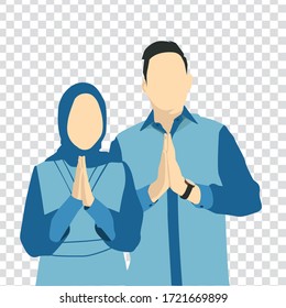 Flat illustration of two men and women (couples) posing apologies like when the feast of Eid, with a transparent background