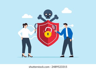 Flat illustration of two people analyzing cybersecurity threats examine risks and identifying vulnerability