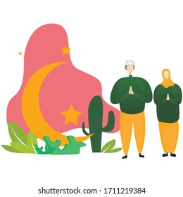 Flache Illustration von zwei Personen mit Hintergrund ramadhan Situation. geeignet für die Aufnahme ramadhan, Landung Seite etc.