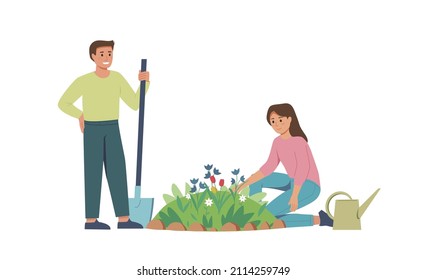 Flat illustration of two people caring for a fenced flower bed, city park or garden. Happy boy and girl doing gardening. Joint watering and weeding of flowers. Isolated vector illustration, EPS10.