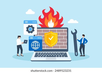 Flat illustration of two people configuring firewall settings network security and blocking unauthorized access