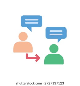 Ilustração plana de duas pessoas trocando mensagens, fluxo de informações com seta em design moderno limpo.