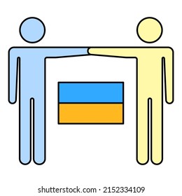 Flache Illustration mit zwei Leuten Flagge ukraine. Ukrainisches Volk. Unterstützung ukraine Konzept. Vektorgrafik. Stockbild.