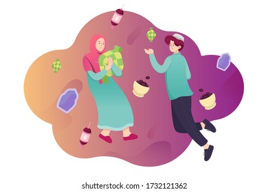 Flat Illustration of two people happily welcome Eid Fitri concept art
