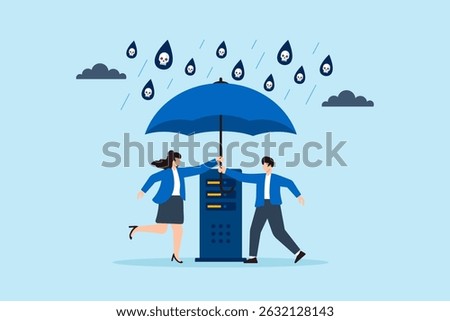 Flat illustration of two people installing umbrella shield over server to block malware rain and protect with cybersecurity protocols