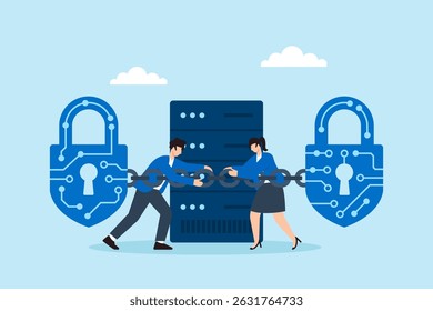 Ilustración plana de dos personas que bloquean candados digitales con cadenas de circuito alrededor del servidor para protección de ciberseguridad cifrada