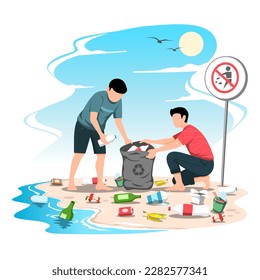 Flat illustration of two people picking up inorganic and organic waste on the beach