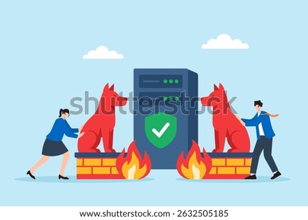 Flat illustration of two people placing firewall guard dogs beside server to protect data with network security