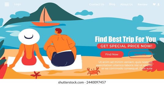 Flat illustration of two people practicing yoga on a beach, isolated on white background, suitable for wellness-themed web banners.