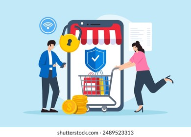 Flat illustration of two people securing e-commerce transaction protecting payment information