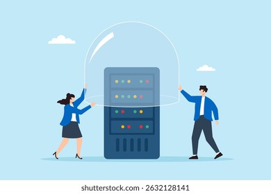 Flat illustration of two people securing server under glass dome to prevent cyber threats and ensure data protection