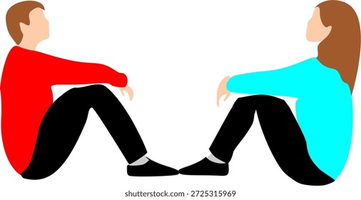 Ilustração plana de duas pessoas sentadas frente a frente com cores contrastantes, simbolizando diálogo, equilíbrio e respeito mútuo. Adequado para conceitos de comunicação, trabalho em equipe e interação social.