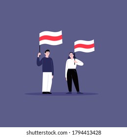 Flat illustration of two people standing together holding Belarus opposition national flags. A man and a woman with red and white belarusian flags