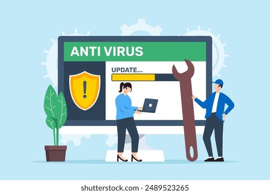 Ilustración plana de dos personas actualizando la protección antivirus contra malware y previniendo ciberamenazas