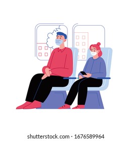 Flat Illustration Of Two Peple Wearing Medical Mask Sitting In The Public Transport. Covid-19 Prevention. 