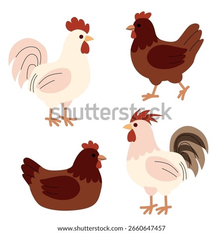 Flat illustration of two roosters and two hens in different poses and colors. Simple cartoon style with warm earthy tones, ideal for farm themed projects, children s books, and educational materials