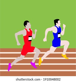 Flat illustration of two runners competing to the finish line