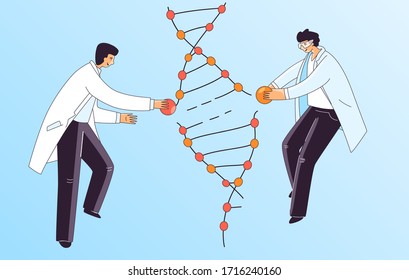 Flat Illustration of Two Scientist Man, Characters Doing Genetic DNA Gene treatment. Man repairing DNA Spiral for CRISPR Therapy, Vector Concept.