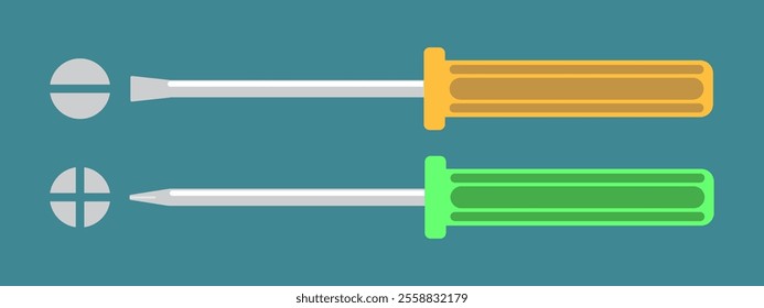 A flat illustration of two screwdrivers, one with a flat head and the other with a Phillips head, featuring bright handles. Suitable for toolkits, construction, or DIY themes.