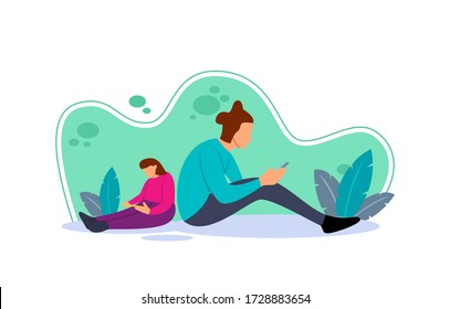 a flat illustration of two sisters sitting holding a smartphone and playing it. The concept of brotherhood between two women. Have free time when quarantine with a flat cartoon style.