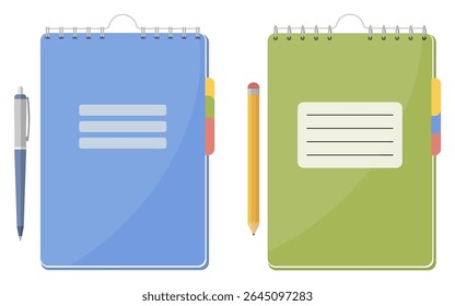 Flat illustration of two spiral notebooks with colorful index tabs and a pen and pencil beside. Perfect for school or office designs. Notebook with Tabs. Spiral Notepad with Pen. Flat Stationery Set.