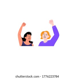 Flat illustration of two women of different ethnicities shouting and holding fists up. Feminist protest concept