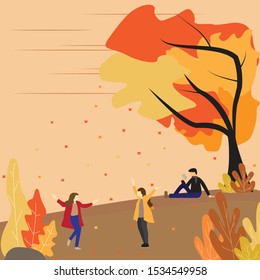 Flat illustration of two women enjoying falling leaves and men sitting under a tree in the park in the afternoon in the autumn season. Vector illustration of autumn background.