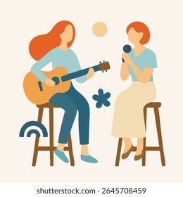 Flat Illustration Two Women Playing Music Together in a Concert Show