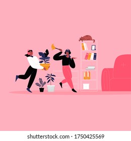 Flat illustration of two women whearing earphones dancing while cleaning. Dancing with a housplant, holding a brush