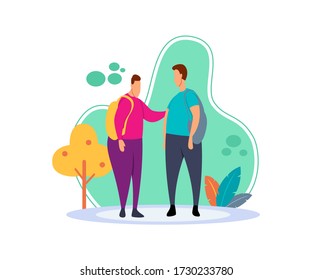 Flat illustration of two young boys standing and talking to each other carrying a backpack. Flat cartoon character with the concept of friendship between two boys.