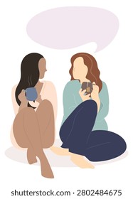 Flat illustration of two young women sitting together and drinking coffee while having a friendly conversation.