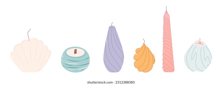 Flache Illustration typischer Duftkerzen einzeln auf Weiß. Inneneinrichtung, Lichtkonzept. Zentrierte Kerzen verschiedener Formen. Für die Innendekoration für ein harmonisches Meditationsbad