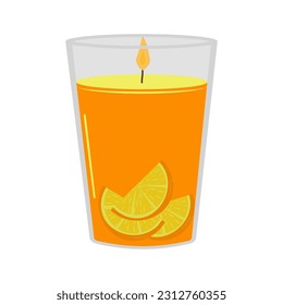 Flat illustration of typical scented wax candle isolated on white. Orange scented candle. Home design, interior, light concept. Vector.