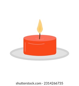 Flat illustration of typical scented wax candle isolated on white. Home design, interior, light..concept. Small red candle. Vector.