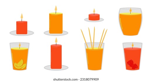 Flat illustration of typical scented wax candle isolated on white. Home design, interior, light..concept. Fruit scented candles. Vector.