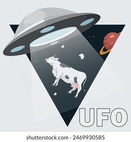 A flat illustration, a UFO abducts a domestic cow against the background of a planet and stars, the drawing is inscribed in a triangle