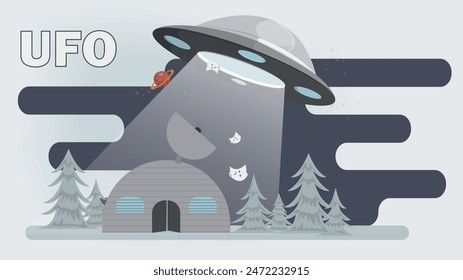 A flat illustration of a UFO flying at night over a hangar with a radio telescope on the roof, located in the forest 