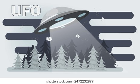 A flat illustration, of a UFO flying over a forest at night 