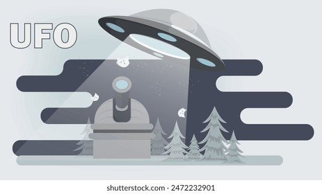 A flat illustration of a UFO flying over an observatory at night with a telescope that observes space