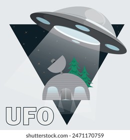 Flat illustration, UFO flying saucer hovering over a hangar with a radio telescope on the roof, background in the form of a triangle