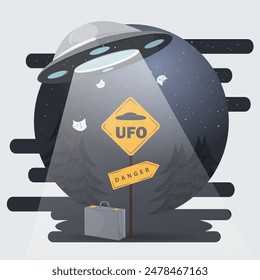 A flat illustration of a UFO hovering over a warning road sign and a suitcase 