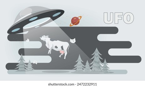 A flat illustration, a UFO kidnaps an animal cow in a forest clearing, using a beam 