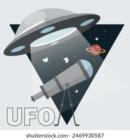 A flat illustration of a UFO steals a telescope for observation, the drawing is inscribed in a triangle