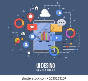 Flat illustration for ui-ux design, web design, mobile apps development. Modern flat colorful line designed concept.