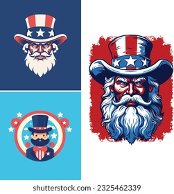 Ilustración plana del tío mismo, independencia americana, sombrero, bandera de los Estados Unidos, estilo de caricatura