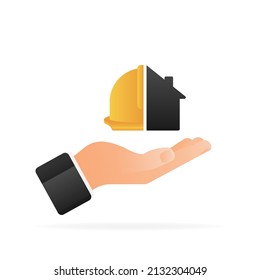 Flat illustration under construction with hand for site design. Vector banner. Web banner