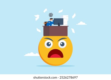 Flache Illustration von unglücklichen Büro Geschäftsmann arbeitet mit verärgerten Gesicht Emoji symbolisieren Angst und Burnout